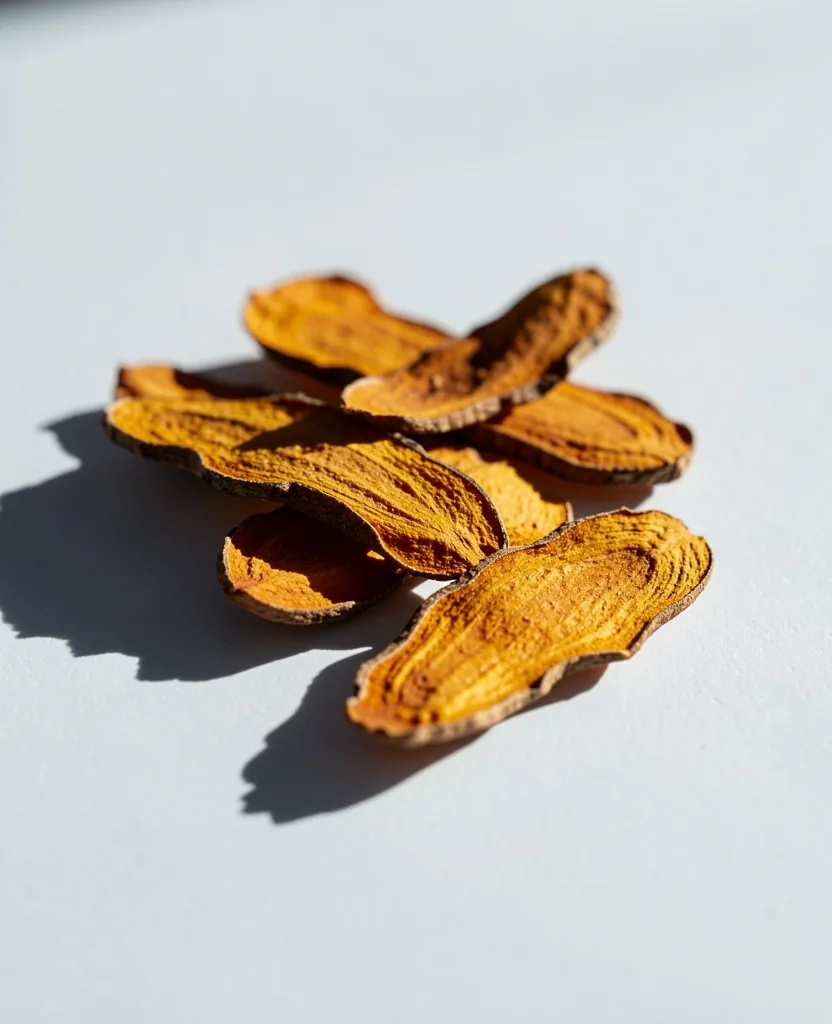 Dried turmeric root botanical specimen on a pale surface