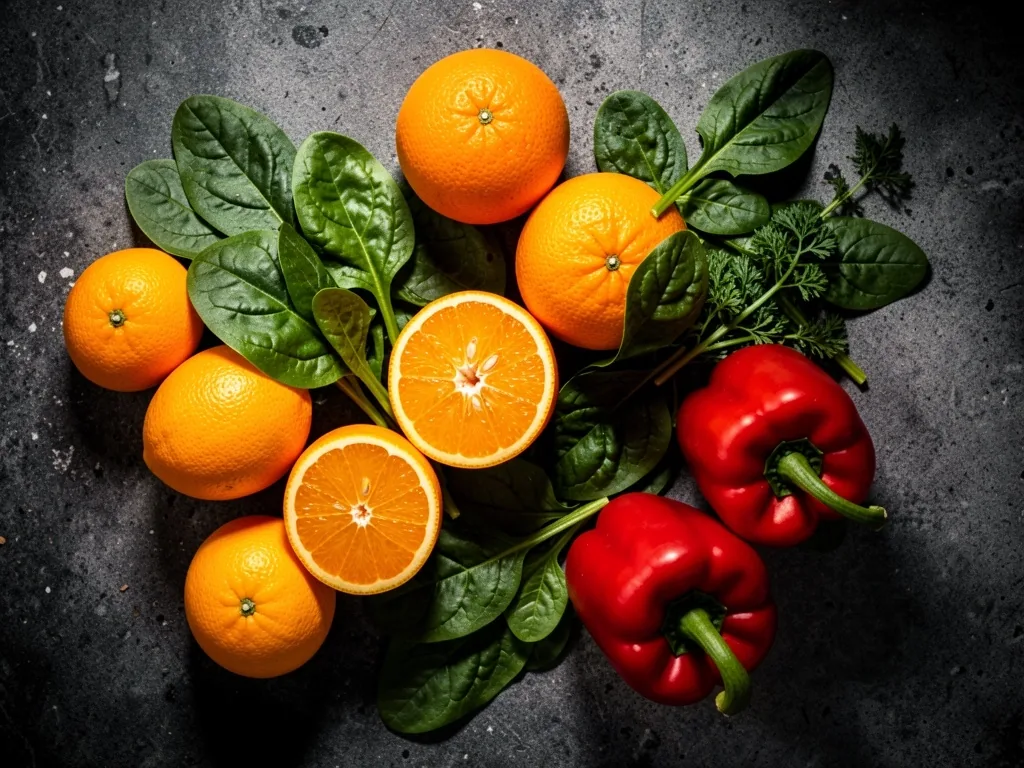 Assorted vegetables and fruits on dark surface
